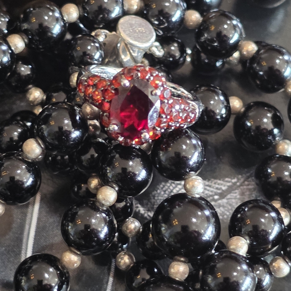 Ornate Garnet and Sterling Silver Ring with Intricate Surrounding Stones Size 5